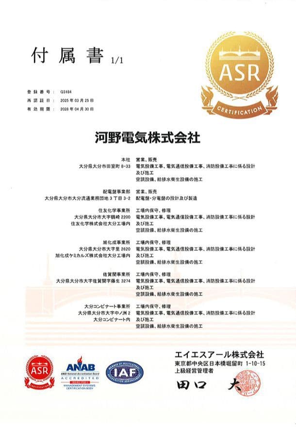 品質マネジメントシステムの国際規格であるISO9001の認証を取得しています。設計施工及び設計製造における品質保証に加え、プロセスアプローチを使用した品質マネジメントシステムの確立による、より一層の顧客満足の向上を目指しています。